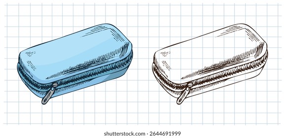 Caixa de lápis de desenho à mão vintage em cor azul e versão monocromática. Ilustração vetorial isolada no plano de fundo do papel de grade. Perfeito para projetos com temas escolares ou relacionados a papelaria.