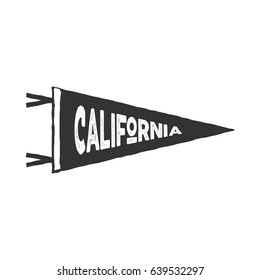 Vintage hand drawn pennant template. California sign. Retro textured, letterpress effect. Outdoor adventure, monochrome retro style. Vector isolated on white background.