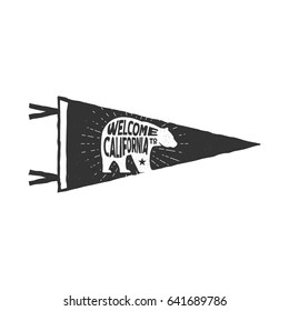 Vintage hand drawn pennant template. Welcome to California sign and bear symbol. Retro textured, letterpress effect. Outdoor adventure style. Stock Vector isolated on white background.