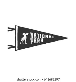 Vintage hand drawn pennant template. Camping sign. Retro textured, letterpress effect. Outdoor adventure style. Vector isolated on white background. National park sign and moose.