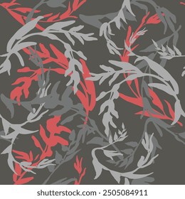 Patrón de pétalos dibujados a mano de Antiguas. Textura de hoja ondulada sin costuras. Estampado de tela. Fondo de pantalla lindo del estilo de la Provenza. Colores negro y rojo. Grunge ramas y hierbas de fondo. Vector 