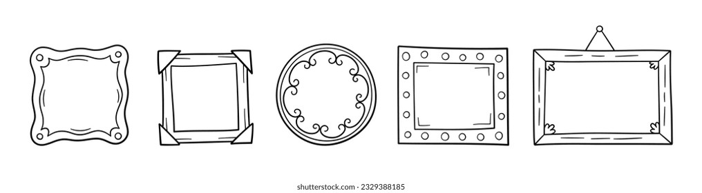 Marcos de imagen pintados a mano. Marco de fotos de Doodle. Cuadrado de esbozo negro en blanco, rectángulo y círculo. Borde de imagen esgrimido. Ilustración del doodle vectorial aislada en fondo blanco.