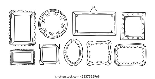 Marcos de imagen pintados a mano. Marco de fotos de Doodle. Cuadrado de esbozo negro en blanco, rectángulo y círculo. Borde de imagen esgrimido. Ilustración del doodle vectorial aislada en fondo blanco.