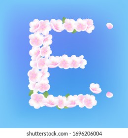 Vintage hand drawn pink cherry blossom vector English letter E, blooming flower illustration, Valentine's Day, wedding, print, textile, packaging, spring and summer elements