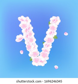 Vintage hand drawn pink cherry blossom vector English letter V, blooming flower illustration, Valentine's day, wedding, print, textile, packaging, spring and summer elements