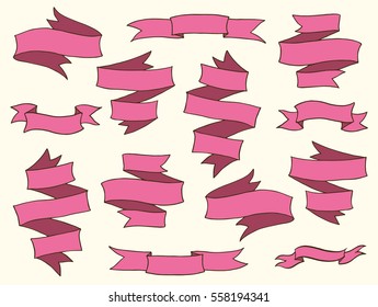 Vintage hand drawn pink ribbon banners vector collection. Set of folded ribbons over white background.