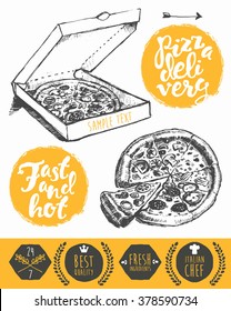 Vintage hand drawn pizza in cardboard box with place for your text. Pizzeria labels, badges and design elements