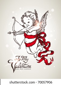 Vintage hand drawn postcard with cute cupid