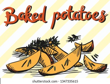 Vintage hand drawn poster, baked idaho potatoes, lettering inscription baked potatoes. Vector illustration