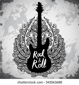 Vintage hand drawn poster with electric guitar, ornate wings and lettering rock and roll on grunge background. Retro vector illustration. Design, retro card, print, t-shirt, postcard