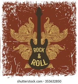 Vintage hand drawn poster with electric guitar, ornate wings and text rock and roll on grunge background. Retro vector illustration. Design, retro card, print, t-shirt, postcard