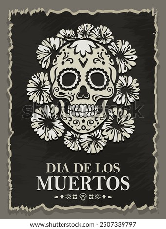 Vintage hand drawn poster with sugar skull (Calavera) decorated with intricate designs and marigold flowers on an old retro ripped paper background for Mexican Day of the Dead (Dia de los Muertos)