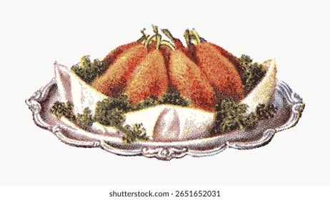 Vintage hand drawn potato croquettes design element, illustration isolated on white, vector. Vintage hand drawn food illustration, antique drawing, vector. Vintage food dish, meal illustration.