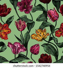 Vintage hand drawn realistic vector tulip seamless in color.
