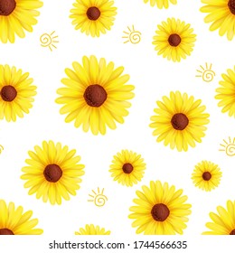 Vintage hand drawn realistic yellow flowers sunflower vector illustration on white seamless background, summer spring elements, banner, wallpaper, packaging, decorative background