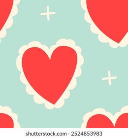 vintage hand drawn red heart baby blue background seamless pattern 