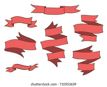 Vintage hand drawn red ribbon banners vector collection. Set of folded ribbons isolated over white background.