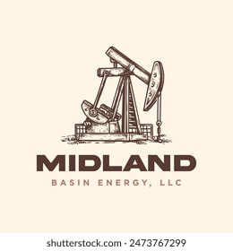 vintage hand drawn retro rocking pump drilling petroleum gasoline logo design vector for industrial company