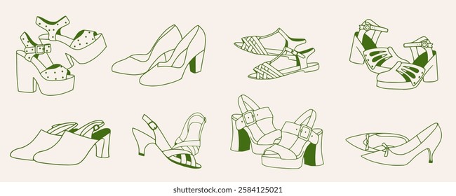 Vintage hand drawn retro summer shoe collection. Various styles of high heels, platform sandals, slingbacks, pumps, and strappy footwear. Vector line art footwear illustration. Outline fashion clipart