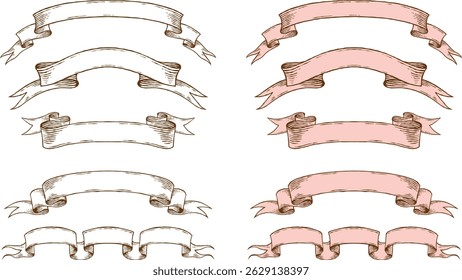 Vintage Hand Drawn Ribbon Banners Set. Retro Label Elements and Scroll Decorative Frames. Vector Illustration on Transparent Background