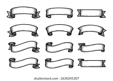 Vintage hand drawn ribbon banners collection set in sketch style for labels and design isolated on white background.