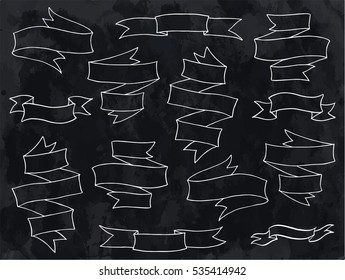 Vintage hand drawn ribbon banners vector collection. Set of folded ribbons in white over textured black background.
