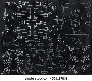 Vintage hand drawn ribbon banners vector collection. Set of folded ribbons in white over textured black background.