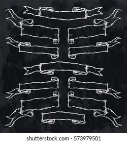 Vintage hand drawn ribbon banners vector collection. Set of folded ribbons in white over textured black background.