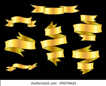 Vintage hand drawn ribbon banners vector collection. Set of golden folded ribbons over black.