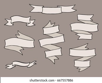 Vintage hand drawn ribbon banners vector collection. Big set of folded ribbons isolated over brown background.