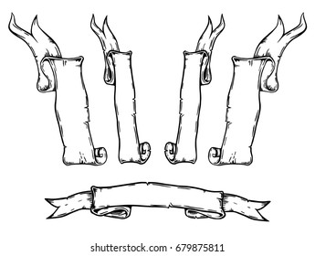 Vintage hand drawn ribbon banners vector collection. Set of folded black outline ribbons isolated over white background.