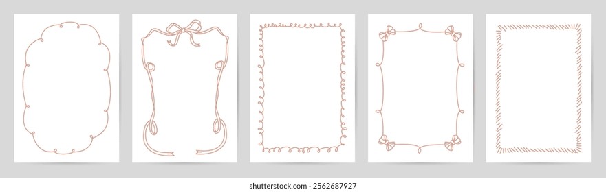 Vintage Hand drawn Ribbon Frames. Trendy whimsical Bow Borders in cute Coquette style for greeting cards, birthday, wedding invitations, social media template. Vector  illustration