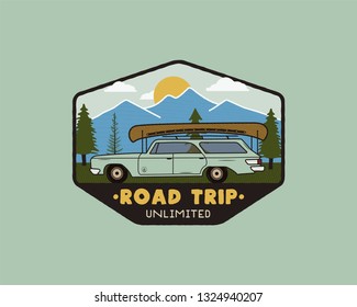 Vintage hand drawn road trip logo patch with car riding through the mountains landscape and quote - Road trip unlimited. Old style outdoors camping emblem in retro style for prints. Stock vector.