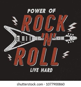 Vintage Hand Drawn Rock n Roll Poster, Retro Music Background. Musical Tee Graphics Design. Live Hard T-Shirt.Stock vector.