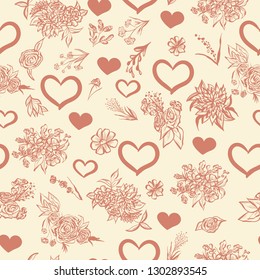 Vintage hand drawn romantic hearts seamless pattern vector
