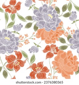 Vintage Hand Drawn Rose and Lily Flower Seamless Pattern