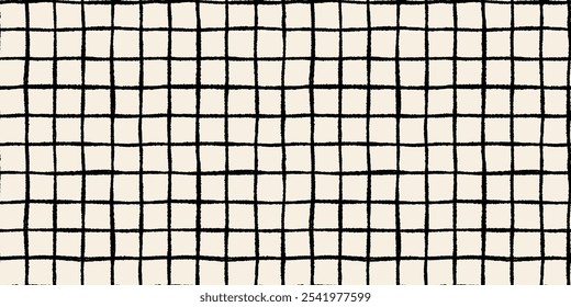 Vintage hand drawn rough grid seamless vector pattern with organic checkered squares, rustic off-white background with irregular distressed lines