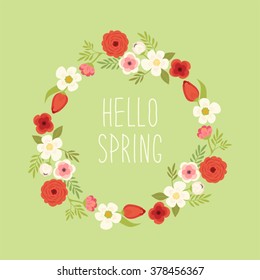 Vintage hand drawn rustic wreath with cute spring flowers and hand written text Hello Spring