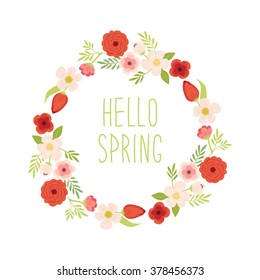 Vintage hand drawn rustic wreath with cute spring flowers and hand written text Hello Spring