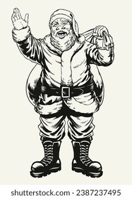 Vintage Hand Drawn Santa Claus Illustration Carry Big Sack of Present