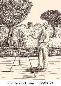 Vintage hand drawn scene with artist, trees and valley in sketch style