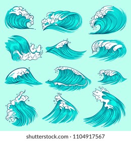 Vintage hand drawn sea blue waves with splashes. Ocean storm water vector set. Surf splash ocean, wave of sea swirl illustration