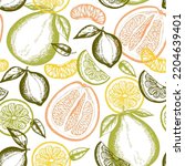 Vintage hand drawn seamless pattern with lemon and grapefruit. Vector background. 