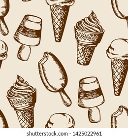 Vintage hand drawn seamless pattern with different ice cream. Vector illustration