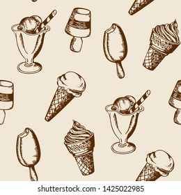 Vintage hand drawn seamless pattern with different ice cream. Vector illustration