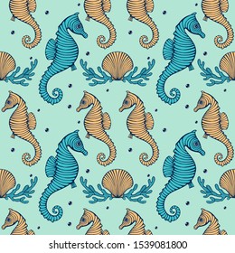Vintage Hand drawn Seamless pattern with sea creatures. Sea life background. Decorative wallpaper
