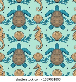 Vintage Hand drawn Seamless pattern with sea creatures. Sea life background. Decorative wallpaper
