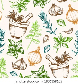 Vintage hand drawn seamless pattern with Italian herbs and spices