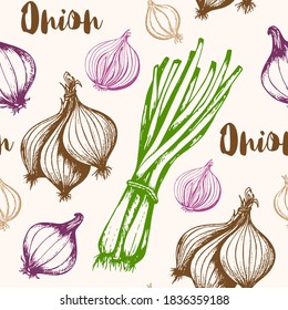 Vintage hand drawn seamless pattern with green and violet onion