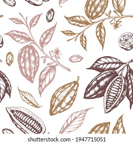 Vintage hand drawn seamless pattern with cocoa beans and cocoa plants on a white background. Vector illustration